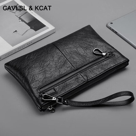 CavlslKcat men's handbag soft cowhide clutch men's business casual clip bag large capacity envelope bag simple fashion handbag black large size 9.7 inch 29*19*2cm