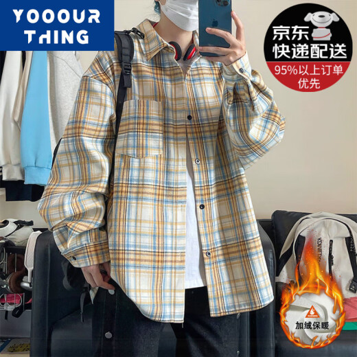 YOOOURTHING美式复古格子衬衫男长袖春秋冬加绒加厚宽松情侣百搭休闲衬衣外套 CJ9734-蓝格 加绒 XL (建议125-145斤)