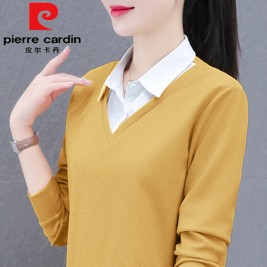 皮尔卡丹（pierre cardin）假两件衬衫女长袖春秋新款中年妈妈衬衣洋气卫衣针织加绒打底上衣 WS5009咖啡 M 建议80-105斤