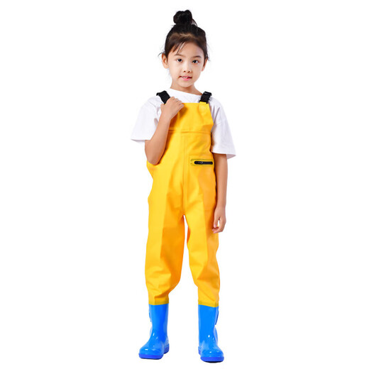 Mengda children's water play one-piece waders, kindergarten waterproof clothes, fishing equipment, baby fishing rain pants, beach clothes, children's yellow overalls, special pocket style 25 shoe size (shoe inner length 16cm)