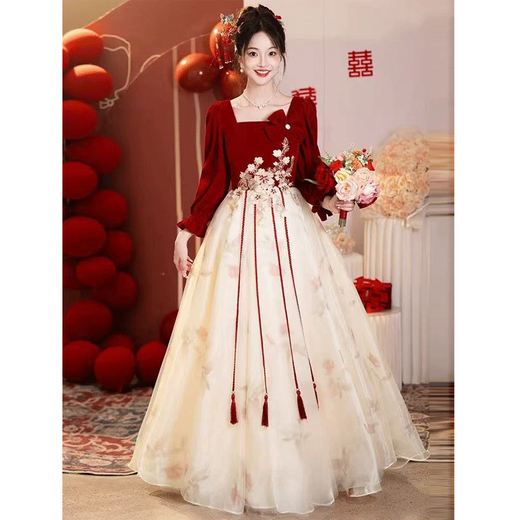 Seidler toast dress bride 2025 new long-sleeved French engagement wedding banquet high-end temperament spring and summer dress for women burgundy one size fits all customization does not support returns and exchanges