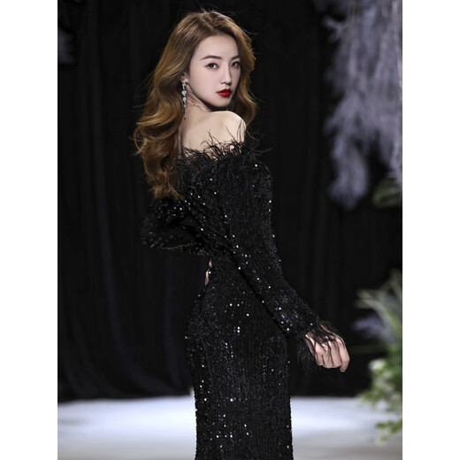 Chuangjing Yixuan Annual Meeting Dress for Women High-end Sequin Evening Dress for Women One Shoulder Sexy Long Sleeve Mermaid High-End Light Luxury Niche Black 2XL