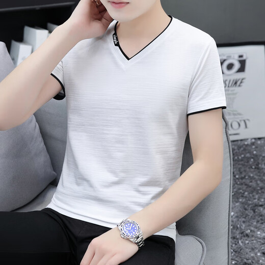 El fabricante de Vanke Eslite Batches una camiseta de manga corta de algodón puro color puro color puro de color puro para hombres con cuello en V de gran tamaño, azul y gris con cuello en V de gran tamaño, modelo 691 M. M M 90-115Jin [Jin equivale a 0.5 kg]