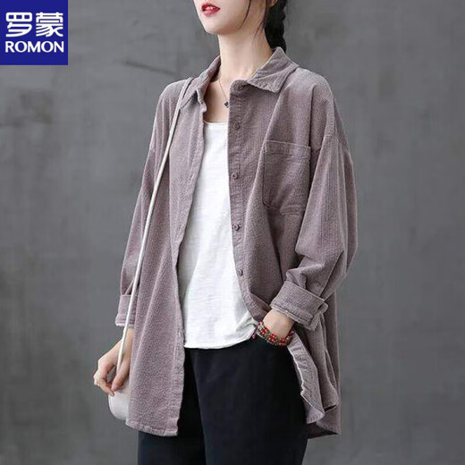 ROMON 2026 Literary Retro Corduroy Long Sleeve Shirt Women's Outerwear Versatile Casual Shirt New Autumn Velvet Top Pink M Recommended 90-110Jin Jin equals 0.5 kg