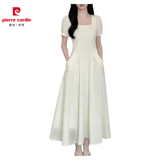 Pierre cardin has a gentle style French white dress for women 2025 summer new long skirt for tea break to make them look slimming 1585 apricot color short S 100Jin [Jin equals 0.5 kg] below