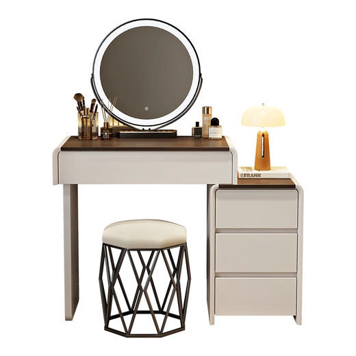 Xinang dressing table bedroom modern small apartment simple small Nordic light luxury solid wood dressing table storage cabinet integrated 60cm white walnut + three drawer cabinet + round mirror + bird's nest stool