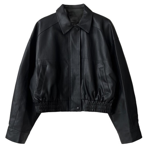 La Chapelle black short leather jacket for women 2025 spring wear small Hong Kong style retro pu leather motorcycle jacket top black M -90-105Jin [Jin equals 0.5 kg]
