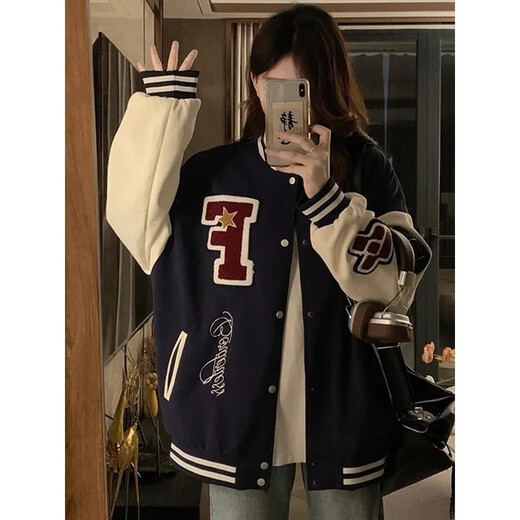 POUM American retro baseball uniform jacket men and women same style design niche casual loose teenager jacket top TM-W733 navy blue 3XL
