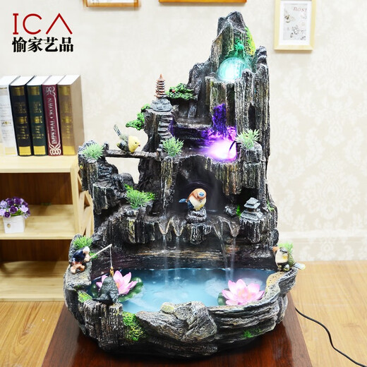 室内家居软装工艺品流水喷泉假山鱼缸鱼池盆景加湿器客厅玄关摆件 配雾化器9717小鸟渔翁荷花2朵