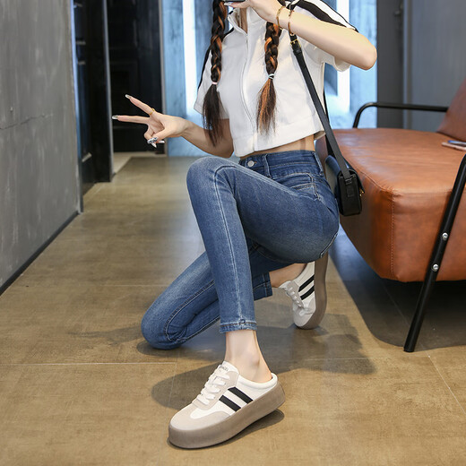 百丽踏半拖鞋女外穿2025新款厚底女款包头半拖鞋春秋懒人鞋子一脚蹬女鞋 米色【升级版】 36