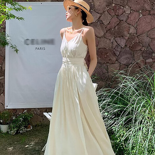 Miao Yijia white dress women's skirt summer 2025 new high-end French dress seaside vacation style beach long skirt French retro V-neck suspender dress M [Suggested 110-125Jin [Jin equals 0.5 kg]]