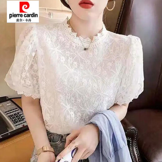 皮尔卡丹（pierre cardin）【1049人收藏】白色短袖t恤雪纺衬衫夏季新款别致绣花蕾丝上衣女 白色 L