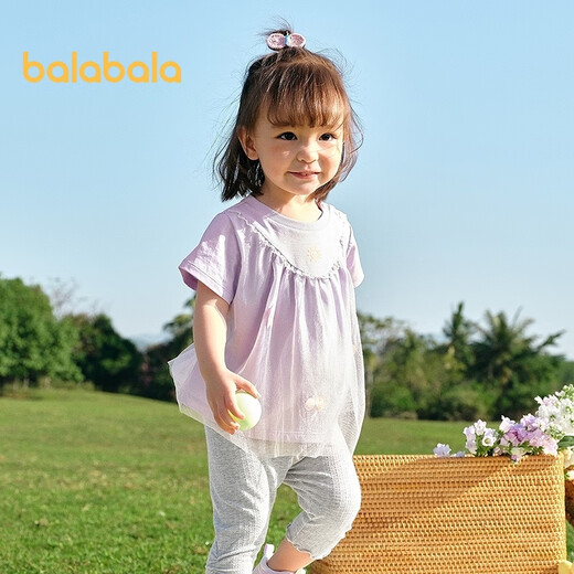 Balabala baby short-sleeved t-shirt baby girls tops 2025 summer wear sweet mesh stitching fashionable 209225117004