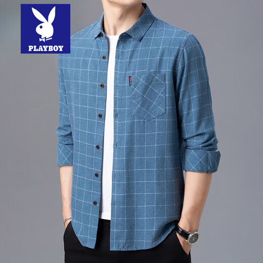 Playboy Pure Cotton High Elastic Longärmedise Hemd Herren Frühling und Herbst mittleren Alters und ältere Männer kariertes loses große Baumwollhemd 6626 Graues dünner Stil L 170/Vorgeschlagen 115-135jin [Jin gleich 0,5 kg]