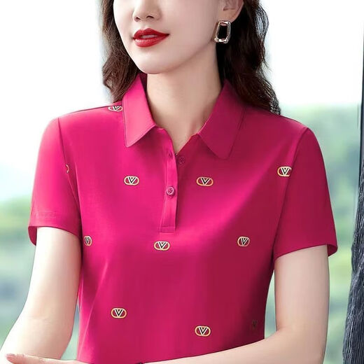 萱慕琳短袖t恤女士夏季新款洋气妈妈装外穿红色翻领大码polo衫上衣 lcx-1697蓝色 M  建议80-95斤