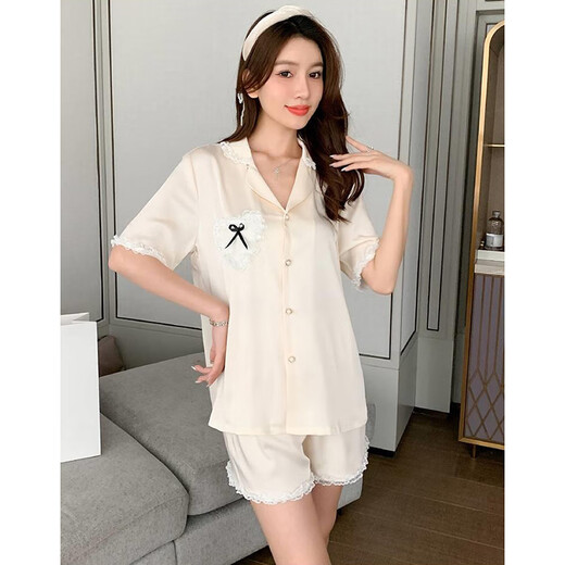 Fhhuabd-Pyjamas für Frauen im Sommer dünne kühle Eis Seide Kurzärmele Ins Stil hochwertiger Liebe Lace Girl Home Clothing Set WLW-9221 Silky Stoff M Empfohlen 80-100jin [Jin gleich 0,5 kg]