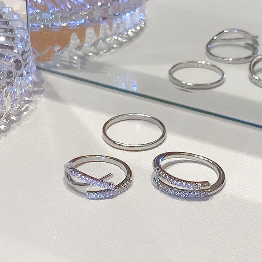 Hua Youxin Persimmon Silver Double Layer Open Ring Women's Niche Design Zircon Ring Index Finger Ring Women's Fashion Personalized Tail Ring Silver Cross Line-Open Ring