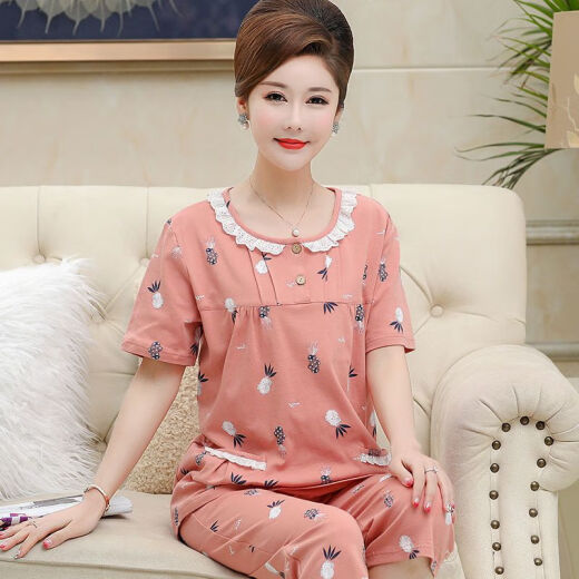 Mu fengqing pijama de madre de mediana edad para mujeres en verano algodón puro pantalones recortados de manga corta más grasa más ropa de gran tamaño para el hogar de mediana edad T3937 XL (115-135Jin [Jin iguala 0.5 kg])