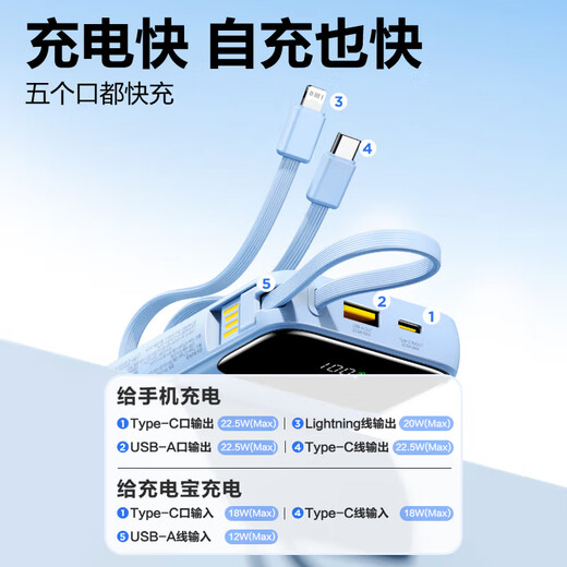 Pinsheng 3C certified power bank comes with three-wire 20000 mAh large capacity and can be used on airplanes 22.5W fast charging mobile power supply suitable for Apple 17promax Xiaomi Huawei Blue