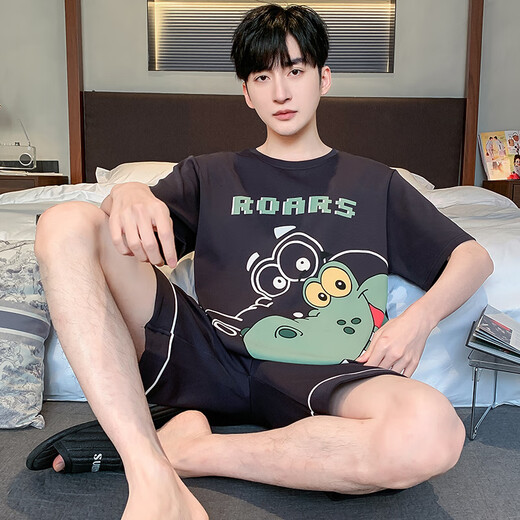 诗花巷美睡衣男夏季短袖卡通青少年男士夏天薄款加肥加大码家居服套装 短袖-xy1098 M  小码(高150-160 70-90斤)