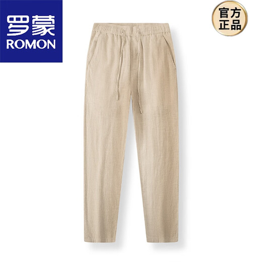 Romon Baumwolle und Leinenhosen für Männer gerade losen Sommer dünne elastische Taille weißer chinesischer Stil-Leinenhosen für Männer Khaki XL 120-140jin [Jin gleich 0,5 kg]
