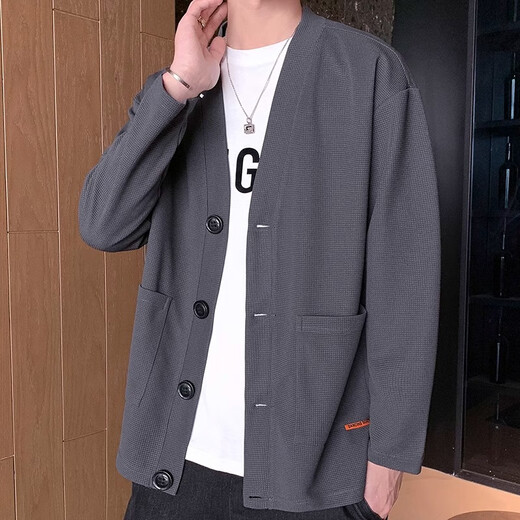 LEEREDPOI秋冬季夹克男士开衫外套V领休闲小西装华夫格纯色简约单西上衣服 白色 XL 约130-150斤可穿
