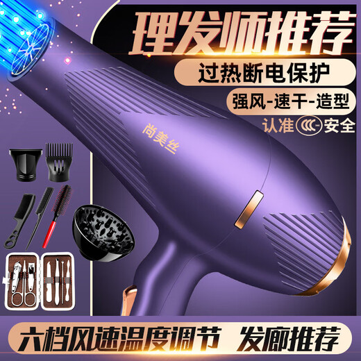 The most popular model on the Internet, strong wind hair dryer for hair use at home, high-power, quick-drying, hot and cold air, negative ions, no harm, electric hair dryer, three-piece set + manicure bag + hair salon hurricane, 1.8 lines, Violet