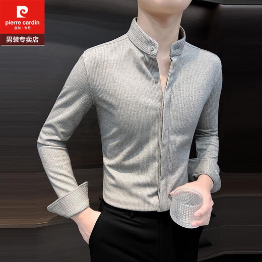 皮尔卡丹（pierre cardin）立领毛呢子长袖衬衫男士秋冬季韩版修身保暖条纹新中式衬衣服男装 深灰 XL 建议【130-150】