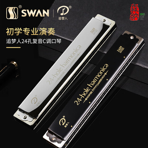 天鹅2409高端追梦人口琴成人复音C调24孔初学者入门g专用儿童 D调银色