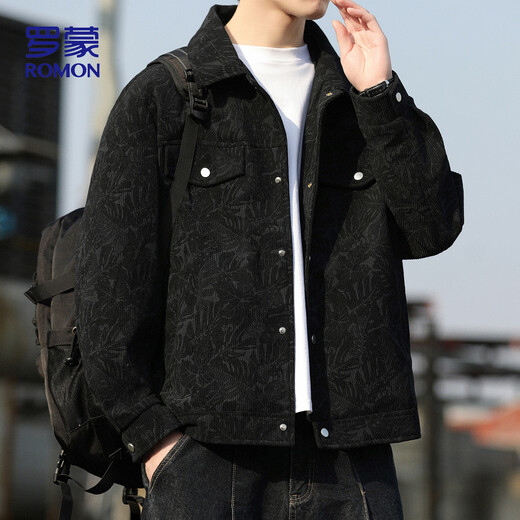 ROMON Jacket Men's Fashion Lapel Business Casual Jacket Top Men's Versatile Baseball Uniform Men's 1703 Black XL