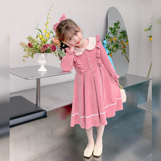 Annie Youer Girls Autumn and Winter Dress 2025 Western Style Children's Clothing Girls Princess Dress Children's Skirt Pink Velvet 100