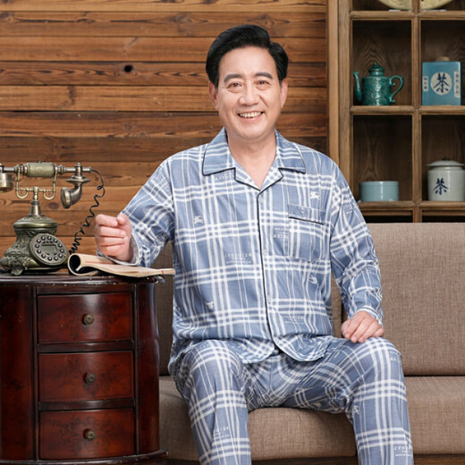 琉善中老年睡衣男长袖春秋夏季家居服爸爸老人开衫套装加肥大码可外穿 829蓝 2XL 【适合130-145斤】