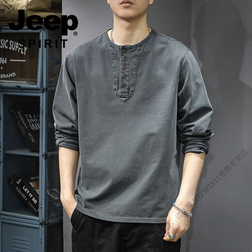 Jeep Spirit2025 Neues Casual Herren Pure Cotton Long-Ärmeln T-Shirt Spring Lose Mody Brand Henry Kragen Basishemd Pullover Mocha Brown 2xl geeignetes Gewicht 160-180jin [Jin ist gleich 0,5 kg]