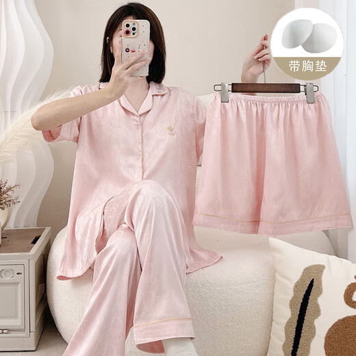 Langsha brings breast pad pajamas for girls three-piece short-sleeved ice and snow summer thin trousers home clothing counter YR1047 M women's style: 75-95Jin [Jin equals 0.5 kg]