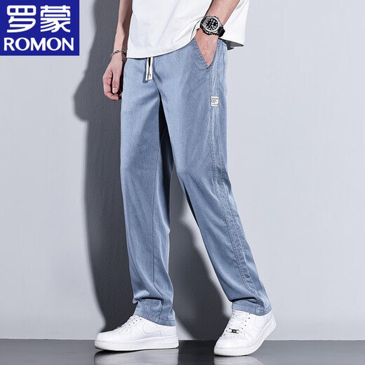 Romon Ice Silk casual pants for men in spring and summer trendy brand straight loose casual men's pants Tennis wide-leg men's long pants men's clothing HJ1048 black M Reference about 90-110