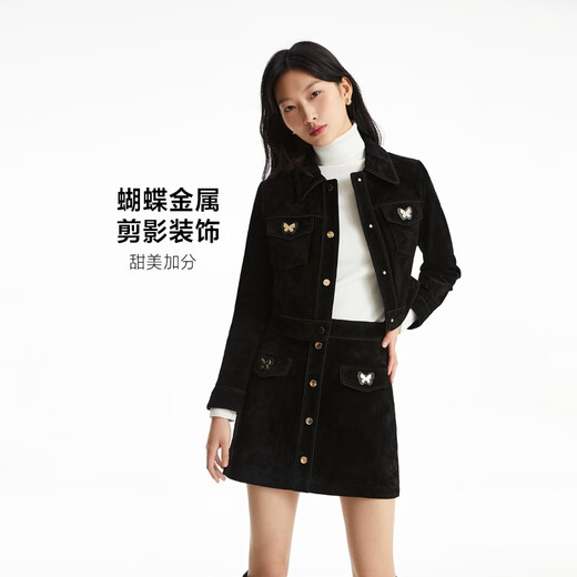 VEROMODA leather jacket 2025 autumn and winter new style straight nine-quarter sleeves short lapel personalized casual 325110014 Black M