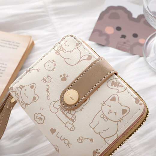 Tuzun Einfache und niedliche Kätzchen Japanische Frauenschnalle-Wechsel-Position Handgurt für Frauen mit multifunktionaler kurzer Brieftasche Brieftasche Milch Tee Farbe für Frauen