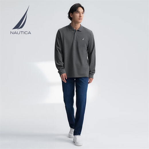 NAUTICA Shopping mall same style men's 25 spring and autumn new style cotton ammonia pique elastic and stylish long-sleeved POLO shirt for men dark gray 0MR M