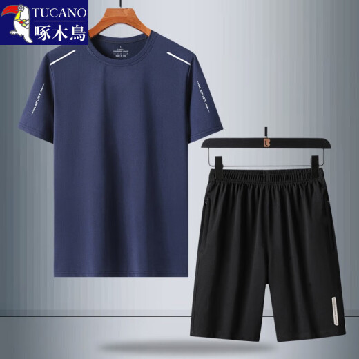 
Woodpecker (TUCANO) summer ice silk quick-drying short-sleeved T-shirt men's sports suit young middle-aged and elderly casual loose dad top t T8802 dark blue K719 [short-sleeved + trousers] 3XL (155-170Jin [Jin equals 0.5 kg])