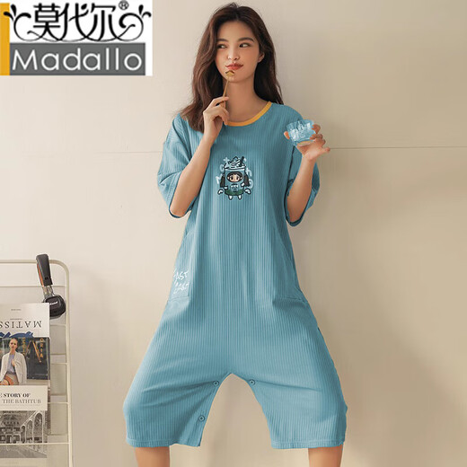 莫代尔夏季成人连体睡衣女短袖纯棉连衣裙大人全棉可爱春秋薄款长款睡裙 连体6623#蓝色 M 160