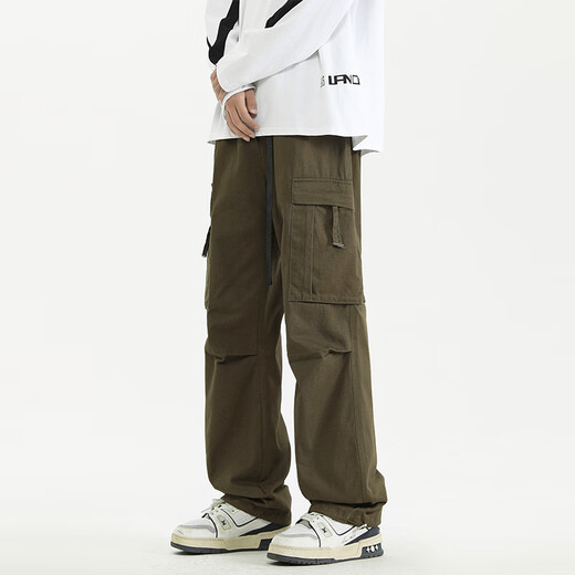 CLOR pure cotton overalls men's autumn and winter sports loose straight pants trendy versatile casual pants CL34 military green XL