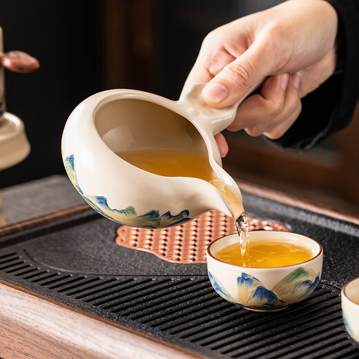 Porcelain brand tea set Ru Kiln automatic tea set household Chinese style simple open piece ceramic stone grinding Kung Fu tea set high-end gift box Beige Ru Kiln <Dahao Heshan> automatic tea set
