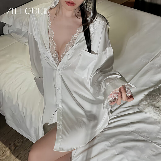 Lustiger Freund Style Spitze gefälschte zweiteilige Hemdkollektion sexy großgröße Pyjama dünne Nachthemd Heimkleidung 6413 (6189 Weiß) s
