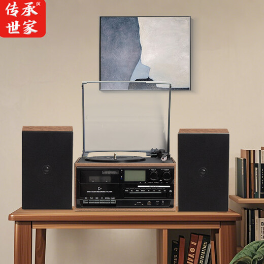 Heritage family tape player CD tape vinyl multi-function split external speaker vinyl record player retro gramophone small Bluetooth speaker vinyl CD tape multi-function external speaker oak color