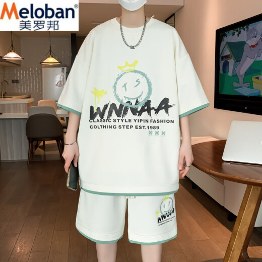 Meloban Meloban Sommer Neue Männer dünne lose Mode hübsches Hongkong-Print Sport und Freizeit Evergrande Set Trendy 9928 Beige M Referenz 90-100jin [Jin gleich 0,5 kg]