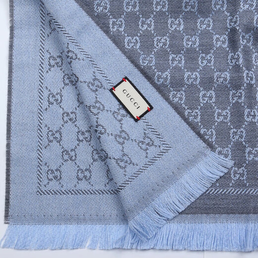 GUCCI-Schal, Unisex, Logo, Jacquard, wendbar, Wolle, Quastenschal, chinesischer Valentinstag, Blau/Grau, 411115 3G200 1369