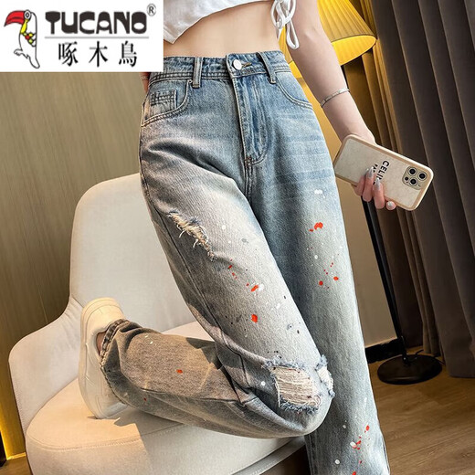 Woodpecker Ripped Wide Leg Jeans Women's American Retro 2025 Summer New High Waist Loose Slim and Narrow Edition Straight Pants Light Color (EFOLONG) 9720 M Recommended 95-105Jin [Jin equals 0.5 kg]