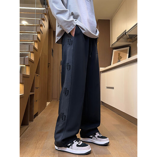 Yalu American pants men's autumn and winter new loose trendy straight drawstring leg sports pants plus velvet black X366 plus velvet high quality 30
