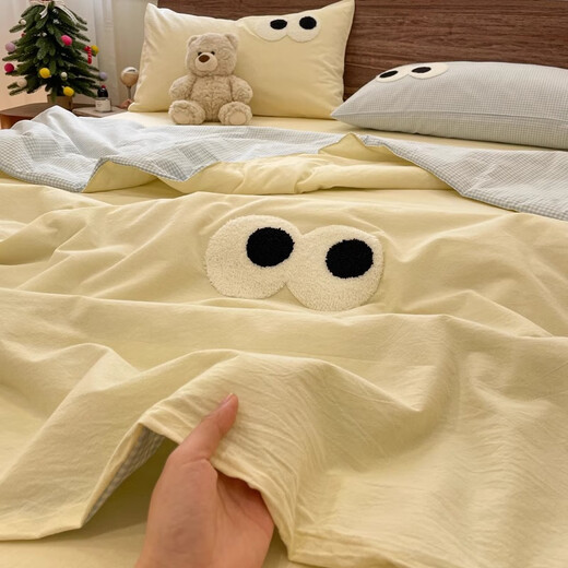 Enxing summer cream style machine washable cotton summer cool quilt set of three or four pieces for student dormitory single solid color thin air-conditioned quilt washed cotton-big eyes summer quilt milk yellow small blue grid children's summer quilt-100x150cm