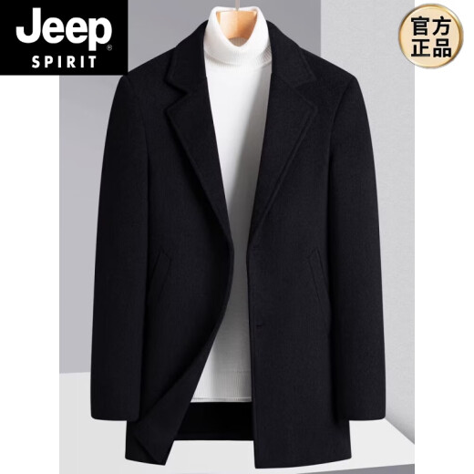JEEP SPIRIT羊毛呢大衣男士秋冬款加厚羊毛呢子外套加绒修身休闲风衣 666黑色（短款到臀部下面） S 165【85-102斤】